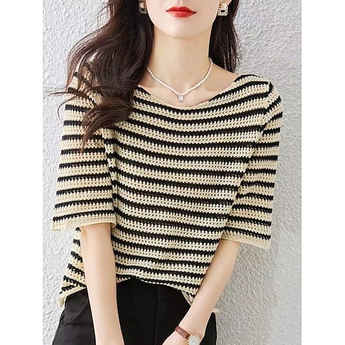 

Women's Pullover Sweater Jumper Jumper Ribbed Knit Patchwork Striped Crew Neck Stylish Casual Outdoor Daily Summer Spring Coffee One-Size