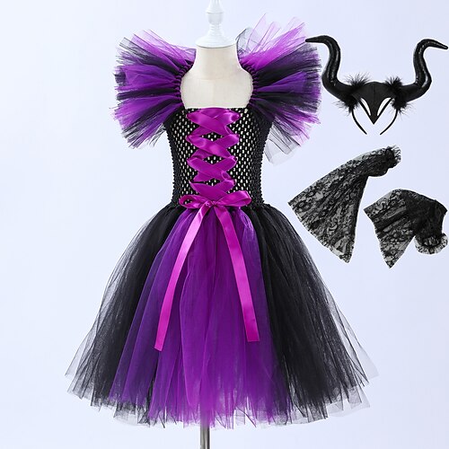 

Witch Maleficent Dress Theme Party Costume Girls' Movie Cosplay Cosplay Costume Party Purple Dress Sleeves Headwear Children's Day Masquerade Organza