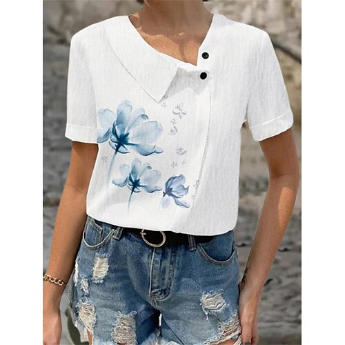 

Mulheres Camisa Social Blusa Branco Azul Floral Tecido Botão Imprimir Manga Curta Casual Feriado Básico Decote V Padrão Tema Flores S