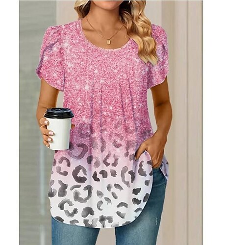 

Mujer Camiseta Rosa Leopardo Estampado Manga Corta Diario Fin de semana Básico Escote Redondo Regular Pintura S