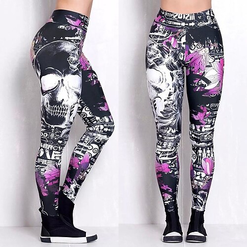 

Dame Yoga leggings Mavekontrol Balleløft Høj Talje Yoga Fitness Gym Træning Underdele Dødningehoveder Blomster Hvid Rød Lilla Spandex Sport Sportstøj Elastisk