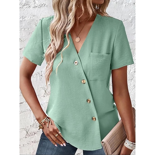 

Mulheres Camisa Social Blusa Verde Claro Tecido Botão Bolsos Manga Curta Casual Básico Decote V Padrão S