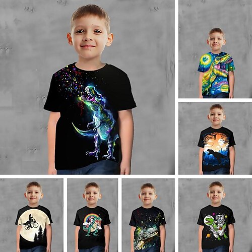 

Infantil Para Meninos Camisa Manga Curta Dinossauro Impressão 3D Gráfico Animal Preto Crianças Blusas Verão Ativo Legal Estilo bonito Escola Roupa Diária 3-12 anos