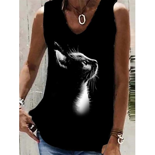 

Mulheres Malha Íntima Preto Branco Cinzento Escuro Gato Retrato Imprimir Sem Manga Casual Básico Decote V Padrão Gato 3D Retrato S