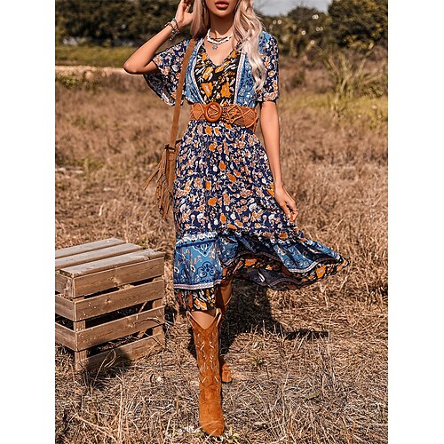 

Dame Afslappet påklædning Sommerkjole Boho-kjole Blomstret Delt Trykt mønster V-hals Midikjole Mode Moderne Daglig Ferie Kortærmet Regulær Blå Sommer Forår S M L XL XXL
