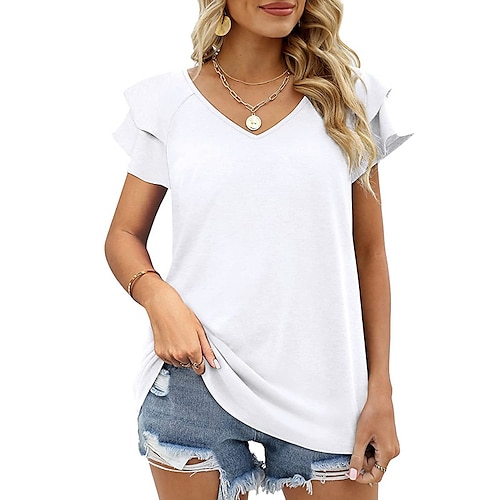 

Women's T shirt Tee Color blue Black White Plain Ruffle Short Sleeve Daily Weekend Basic V Neck Regular S