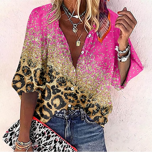 

Mujer Camisa Blusa Rosa Azul Piscina Verde Trébol Leopardo Botón Estampado Manga Larga Casual Básico Cuello Mao Regular S