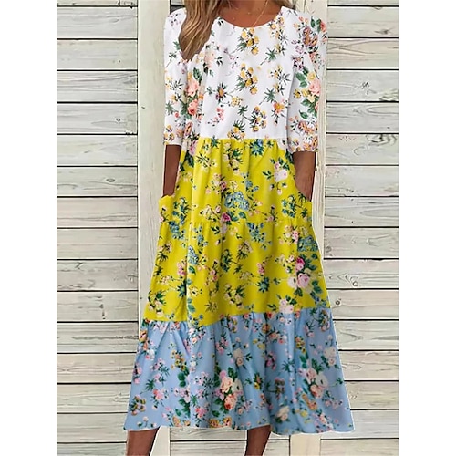 

Dame Uformell kjole Sommerkjole Boho-kjole Blomstret Fargeblokk Lomme Trykt mønster Crew-hals Midikjole Mote Gatemote utendørs Daglig 3/4 ermer Normal Hvit Sommer Vår S M L XL XXL