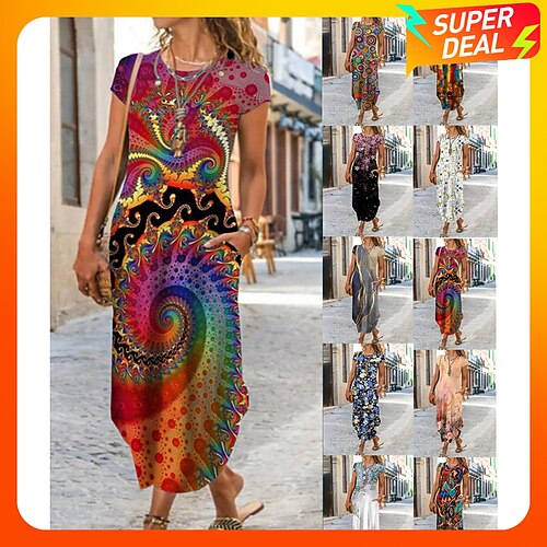 

Women's Long Dress Maxi Dress Casual Dress Summer Dress Print Dress Graphic Floral Color Block Classic Casual Daily Holiday Vacation Pocket Loose Short Sleeve Crew Neck Dress Regular Fit Black White