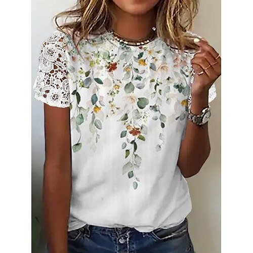 

T shirt Tee Chemise Femme Blanche Rose Claire Vert Floral Imprimer Manche Courte Casual Vacances basique Col Rond Normal Standard Fleur S