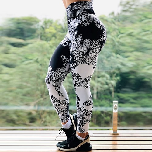 

Dame Yoga Bukser Mavekontrol Balleløft Høj Talje Yoga Fitness Gym Træning Leggins Underdele Sommerfugl Sort Spandex Sport Sportstøj Høj Elasticitet Tynde