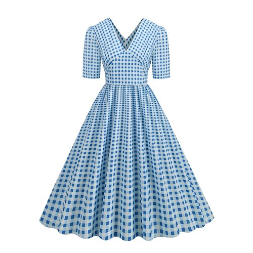 

Dame Retrorød 1950'erne Vintage kjole Midikjole Ferie Stævnemøde Krøllede Folder Ternet V-hals Kortærmet Regulær Sommer Forår 2023 Sort Gul S M L XL