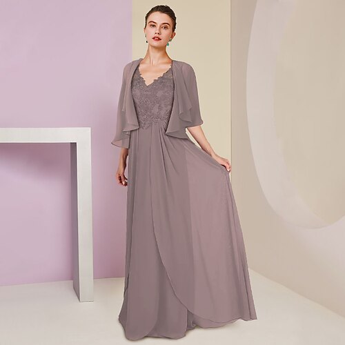 

Spezzato Linea-A Abito da cerimonia per signora Formale Invitati del matrimonio Elegante A V Strascico a terra Chiffon Di pizzo Manica corta Stola inclusa con Con applique 2023