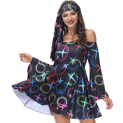 

Hippie Rétro Vintage Années 70 Disque Robe Coiffure Bandeaux Femme Epaules Dénudées Costume Vintage Cosplay Soirée / Fête manche longue Courte / Mini Robe Mascarade