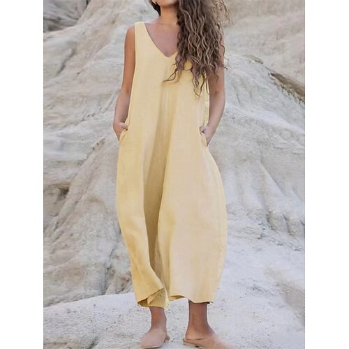 

Women's Jumpsuit Pocket Solid Color V Neck Streetwear Street Daily Regular Fit Sleeveless Black Yellow Blue S M L Summer