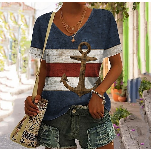 

Women's T shirt Tee Blue Graphic Anchor Print Short Sleeve Daily Weekend Basic V Neck Regular Painting S