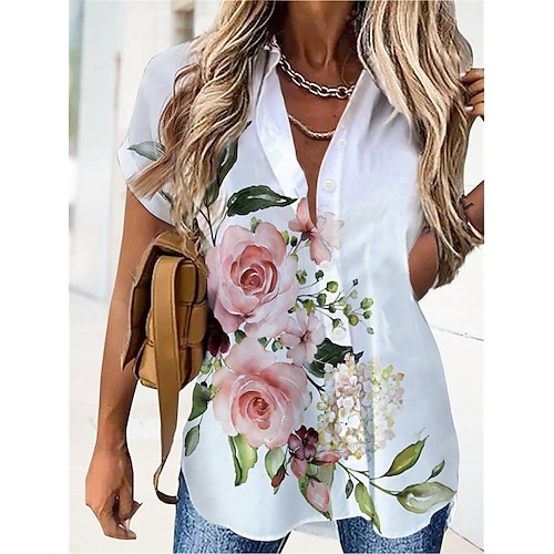 

Women's Shirt Blouse White Floral Button Print Short Sleeve Casual Holiday Basic Shirt Collar Regular Floral S