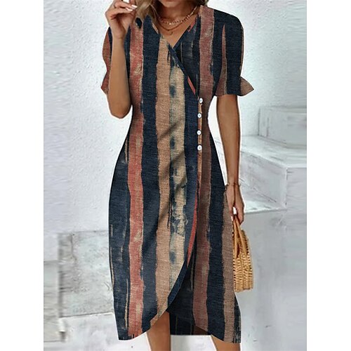 

Dame Afslappet påklædning Sommerkjole Print kjole Farveblok Stribe Drapering Knap V-hals Midikjole Mode Moderne udendørs Gade Kortærmet Løstsiddende Mørkeblå Sommer Forår S M L XL XXL