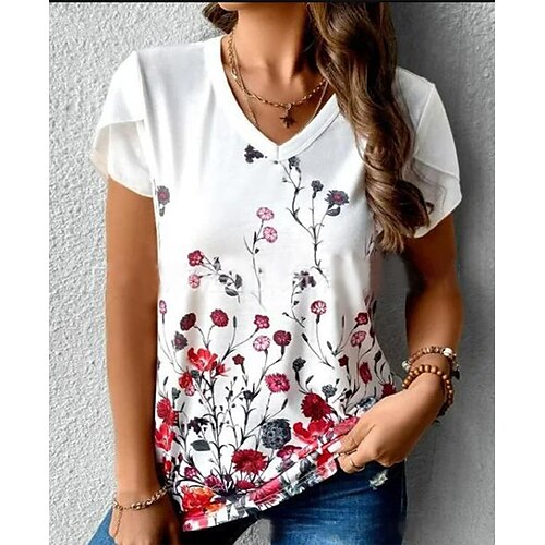 

Mulheres Camisa Social Blusa Branco Floral Imprimir Manga Curta Casual Feriado Básico Decote V Padrão Tema Flores S