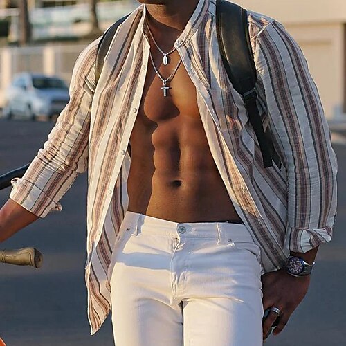 

Per uomo camicia di lino Camicia Camicia estiva Camicia da spiaggia Cachi Manica lunga A strisce Colletto alla coreana Primavera estate Hawaiano Per eventi Abbigliamento Stampa