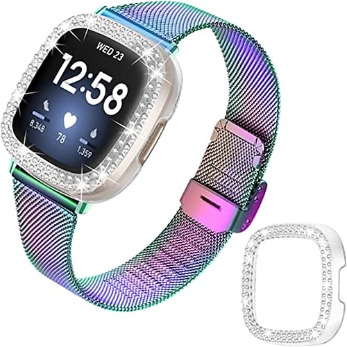 

Smart Watch Band Compatible with Fitbit Versa 3 Sense TPU Stainless Steel Smartwatch Strap with Case Women Magnetic Clasp Milanese Loop Replacement Wristband