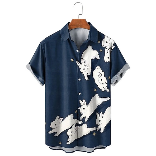 

Homens Camisa Social Camisas havaianas vintage Gato Coelho Estampas Abstratas Feliz Páscoa Páscoa Aberto para a Lateral Preto Azul empoeirado Azul Escuro Ao ar livre Rua Manga Curta Imprimir Roupa