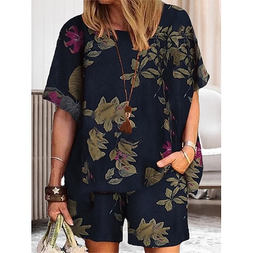 

Dame Plusstørrelser Loungewear Sæt Blomst Blade Basale Afslappet Komfort Hjem Daglig Ferierejse Hør Åndbart Rund hals Halvlange ærmer T-shirt Shorts Lomme Sommer Forår Vin Grøn