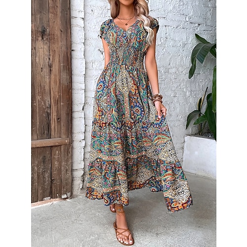 

Women's Long Dress Maxi Dress Casual Dress Swing Dress Summer Dress Floral Paisley Tribal Fashion Casual Outdoor Daily Holiday Ruched Print Short Sleeve V Neck Dress Loose Fit Green Red Orange