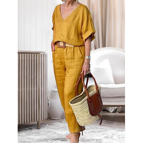 

Per donna Plus Size loungewear Completi Colore puro Essenziale Informale Comoda Interni Strada Giornaliero Cotone Traspirante Spacco a V Mezza manica Camicia Pantalone Tasche Estate Primavera Giallo