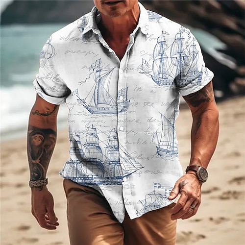 

Men's Shirt Linen Shirt Graphic Prints Vintage Compass Sailboat Turndown Blue Khaki Outdoor Street Short Sleeves Print Clothing Apparel Linen Fashion Designer Casual Soft
