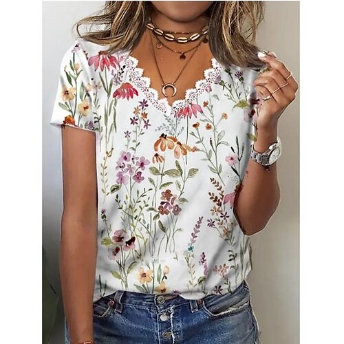 

T shirt Tee Femme Blanche Floral Garniture en dentelle Imprimer Manche Courte Vacances Fin de semaine basique Col V Normal Standard Fleur Peinture S