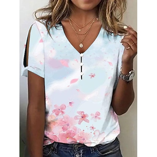 

T shirt Tee Femme Blanche Jaune Rose Claire Floral Papillon Bouton Découpé Manche Courte Vacances Fin de semaine basique Col V Normal Standard Fleur Papillon Peinture S