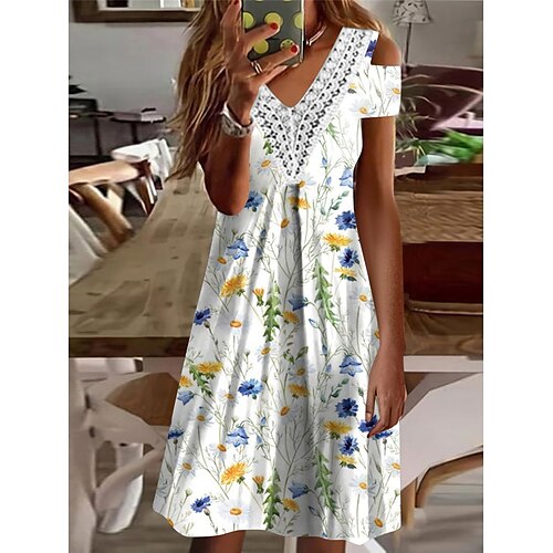 

Per donna Vestito casual Abito di pizzo Abito estivo Floreale Pizzo Collage A V Vestito longuette Attivo Di tendenza Esterno Giornaliero Manica corta Morbido Bianco Blu Viola chiaro Estate Primavera