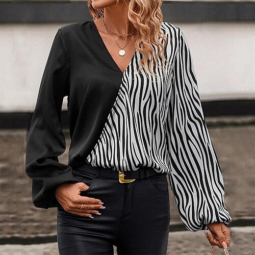 

Mujer Camisa Blusa Negro Bloque de color Estampado Manga Larga Casual Básico Escote en Pico Regular Manga de la linterna S