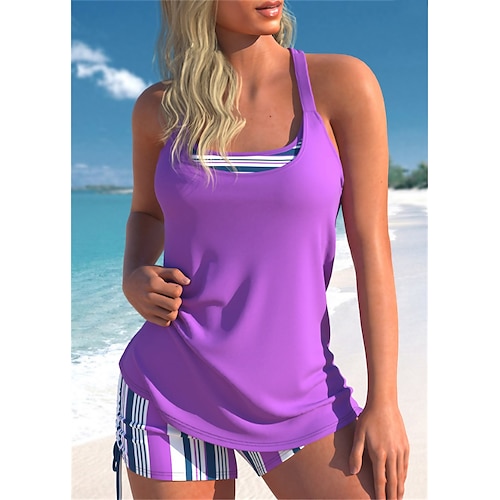 

Women's Swimwear Tankini 2 Piece Normal Swimsuit 2 Piece Printing Striped Purple Bathing Suits Sports Beach Wear Summer
