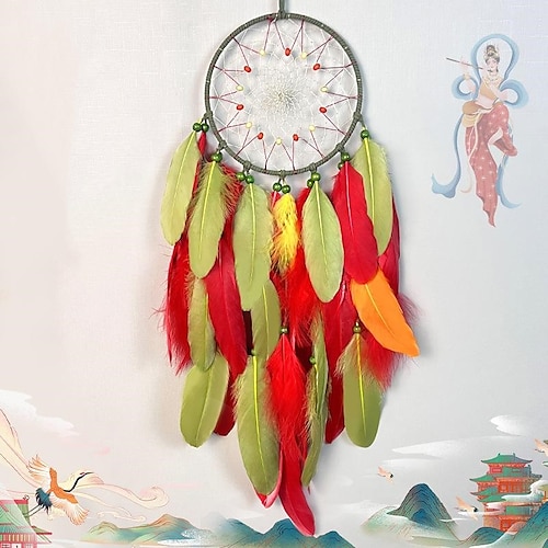 

Dream Catcher Handmade Gift Red Feather Hook Flower Wind Chime Ornament Wall Hanging Decor Art DunHuang Style, 18x50cm/7''x19.7''