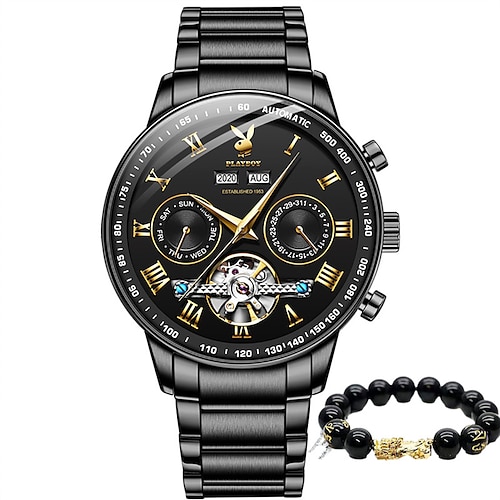 

Reloj mecánico Playboy para hombre, moda de lujo, calendario multifunción perpetuo, ventana transparente, esqueleto automático, resistente al agua, relojes para hombre