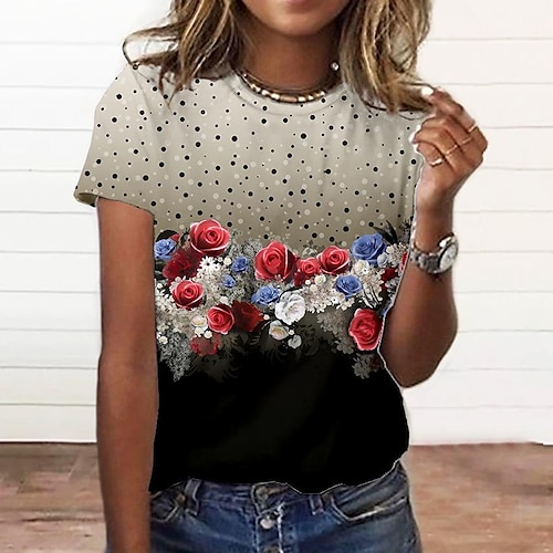 

Women's T shirt Tee Black Yellow Green Floral Print Short Sleeve Holiday Weekend Basic Round Neck Regular Floral Painting S