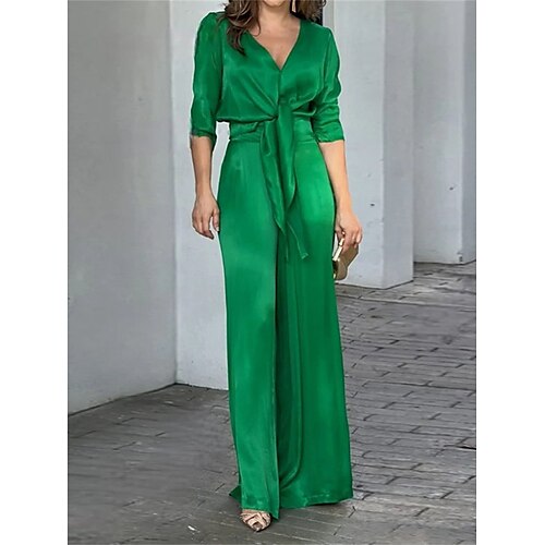 

Women's Jumpsuit Lace up High Waist Solid Color V Neck Business Office Work Party Regular Fit Long Sleeve Green S M L Summer