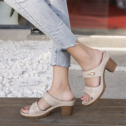 

Women's Sandals Block Heel Sandals Outdoor Slippers Outdoor Beach Chunky Heel Elegant Casual Faux Leather Loafer Solid Color Almond Black