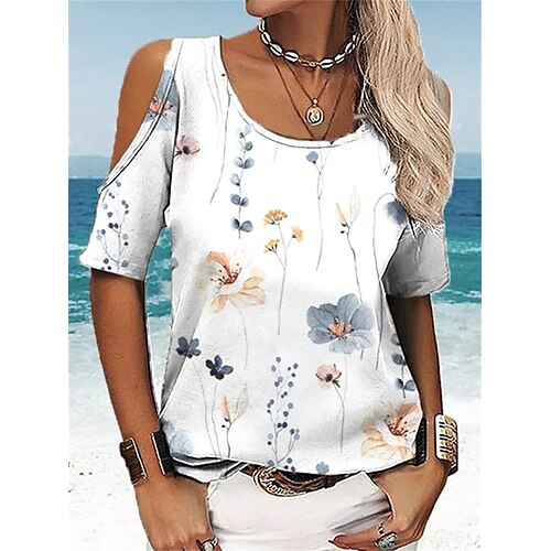 

Mulheres Camiseta Azul Fúcsia Arco-íris Floral Borboleta Com Corte Imprimir Manga Curta Feriado Final de semana Básico Decote Redondo Padrão Tema Flores Borboleta Pintura S