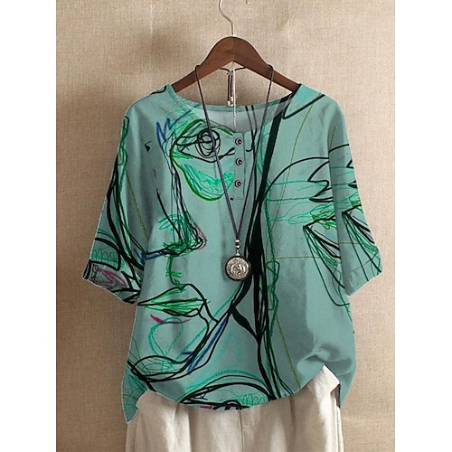 

Per donna Camicia Blusa Rosa Blu Verde Graffiti Pulsante Stampa Manica corta Informale Essenziale Rotonda Standard S