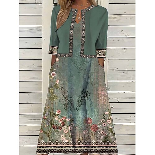 

Mulheres Conjunto de vestido de duas peças Vestido casual Vestido estampado Ao ar livre Diário Vintage Elegante Bolsos Imprimir Vestido midi Decote V Meia Manga Floral Normal Verde Verão Primavera S