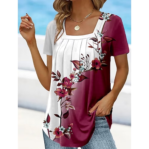 

Mujer Camisa Blusa Negro Rojo Morado Floral Estampado Manga Corta Casual Festivos Básico Escote Cuadrado Regular Flor S