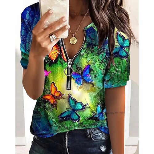 

Women's Shirt Blouse Green Butterfly Quarter Zip Print Short Sleeve Casual Holiday Basic V Neck Regular Butterfly S