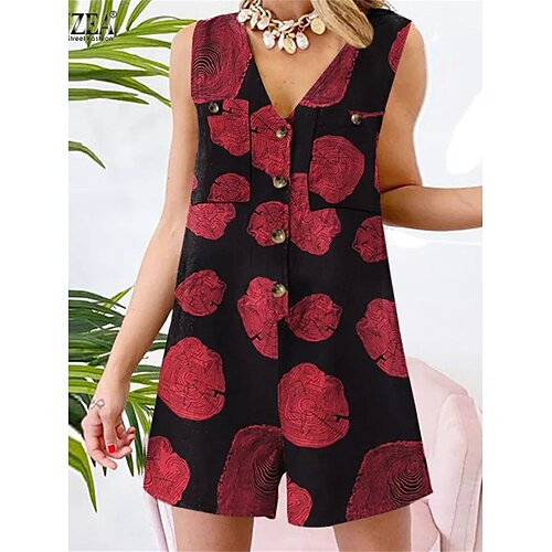 

Mujer Mono Botón Estampado Floral Escote en Pico Vacaciones Diario Vacaciones Ajuste regular Sin Mangas Negro Blanco Rojo S M L Verano