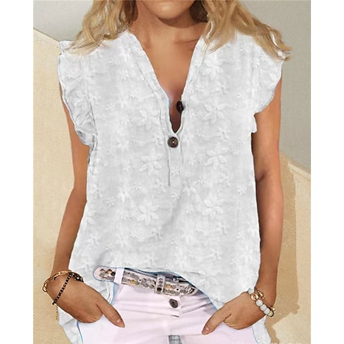 

Women's Tank Top White Floral Button Sleeveless Casual Basic V Neck Regular Floral S