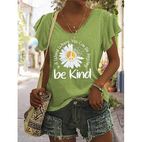 

T shirt Tee Femme Noir Jaune Bleu Lettre Spot Multicouleur Imprimer Manche Courte Vacances Fin de semaine basique Col V Normal Standard Fleur Peinture S