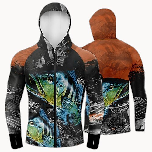 

Men's Hoodie Jacket Hooded Outdoor Long Sleeve UV Protection Breathable Lightweight Sweat wicking Quick Dry Jacket Top Summer Spring Outdoor Fishing Black / Orange