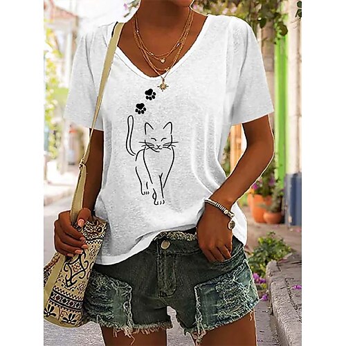 

Damen T Shirt Weiß Gelb Braun Katze Bedruckt Kurzarm Täglich Wochenende Basic V Ausschnitt Standard Katze Farbe S